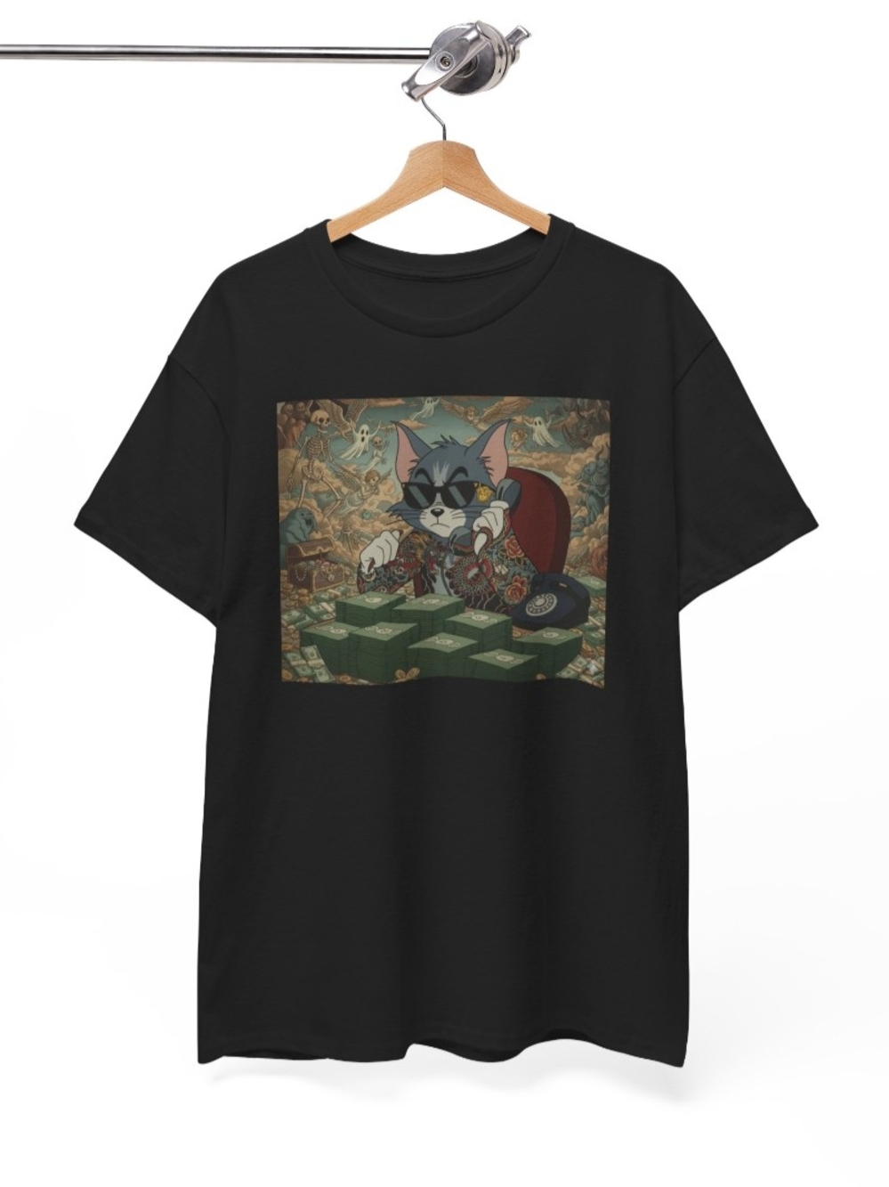 Short-Sleeve Tee with Cartoon Cat Money Graphic - Picture 1 of 5